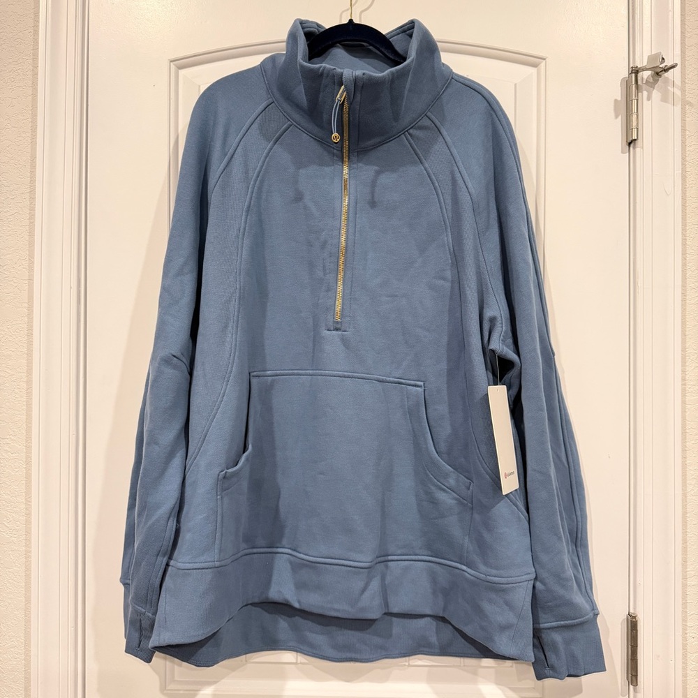 Lululemon Oversized Scuba Wash Denim Blue Funnel-Neck Half Zip Gold Hardware XL